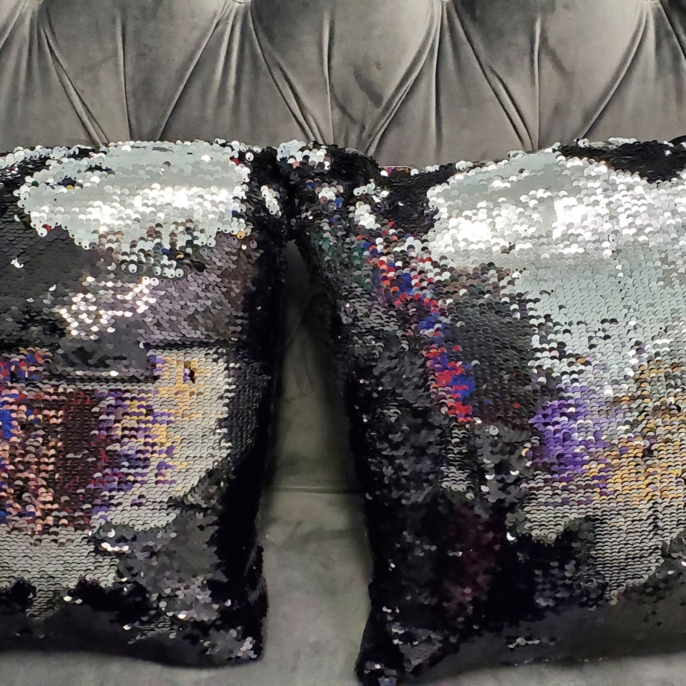 Reversible black and silver sequin cushions
